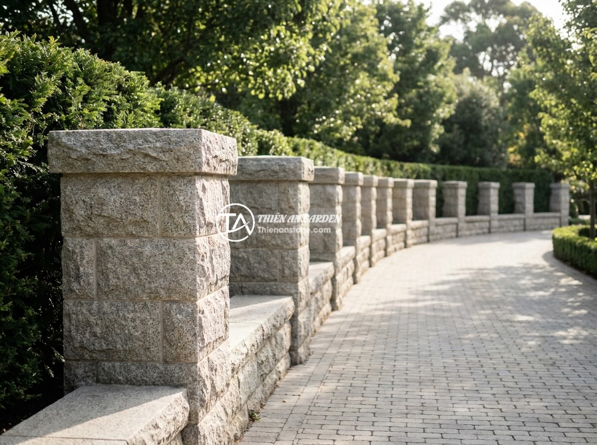 Hướng Dẫn Đo Đạc Và Lắp Đặt Trụ Đá Hàng Rào Chuẩn Xác - Hình 10 Hướng Dẫn Đo Đạc Và Lắp Đặt Trụ Đá Hàng Rào Chuẩn Xác - Completed luxurious stone fence with beautifully crafted natural granite pillars