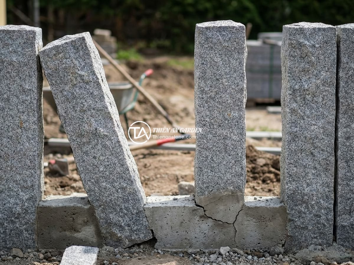 Hướng Dẫn Đo Đạc Và Lắp Đặt Trụ Đá Hàng Rào Chuẩn Xác - Hình 7 Hướng Dẫn Đo Đạc Và Lắp Đặt Trụ Đá Hàng Rào Chuẩn Xác - Examples of common mistakes in stone fence pillar installation showing misaligne