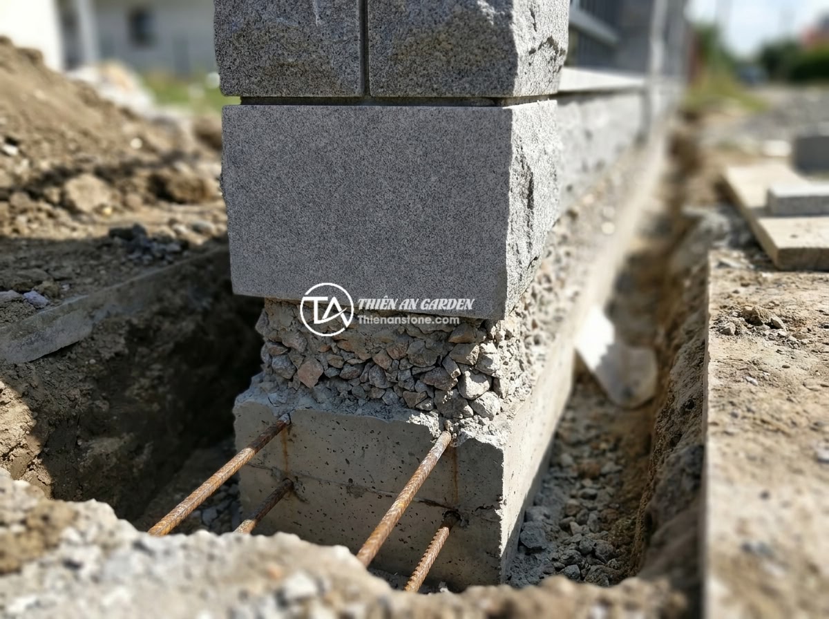 Hướng Dẫn Đo Đạc Và Lắp Đặt Trụ Đá Hàng Rào Chuẩn Xác - Hình 8 Hướng Dẫn Đo Đạc Và Lắp Đặt Trụ Đá Hàng Rào Chuẩn Xác - Technical diagram showing cross-section of a stone fence pillar foundation with