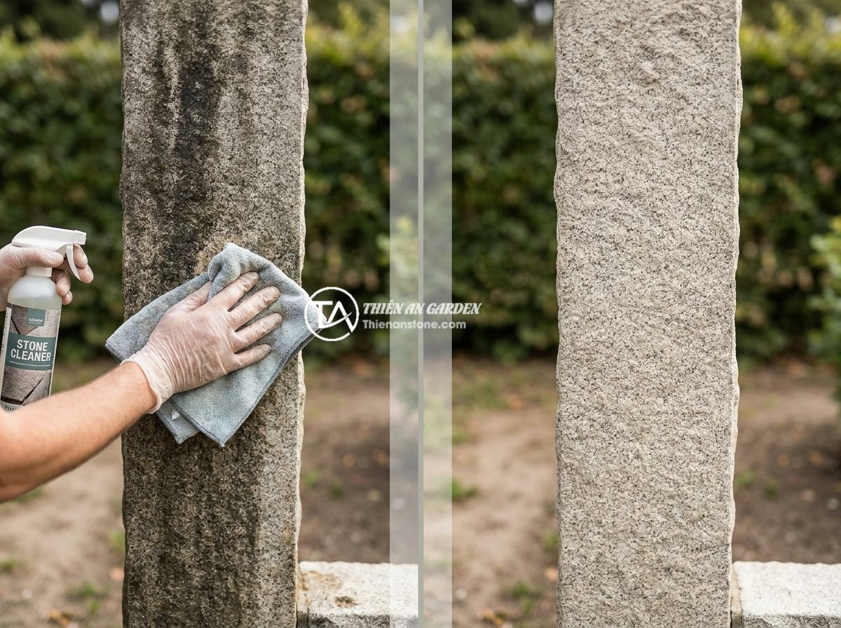 Hướng Dẫn Đo Đạc Và Lắp Đặt Trụ Đá Hàng Rào Chuẩn Xác - Hình 9 Hướng Dẫn Đo Đạc Và Lắp Đặt Trụ Đá Hàng Rào Chuẩn Xác - Maintenance of natural stone fence pillars showing cleaning process with soft cl