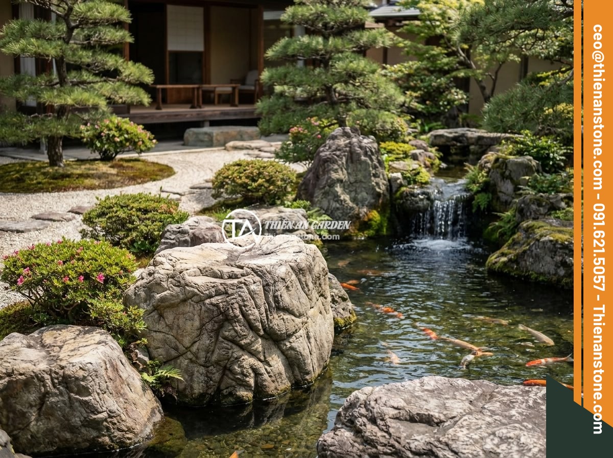 Hướng Dẫn Setup Hồ Thủy Sinh Đá Da Voi Phong Cách Iwagumi Cho Người Mới Bắt Đầu - Large elephant skin stones used in Japanese zen garden design with koi pond, wat
