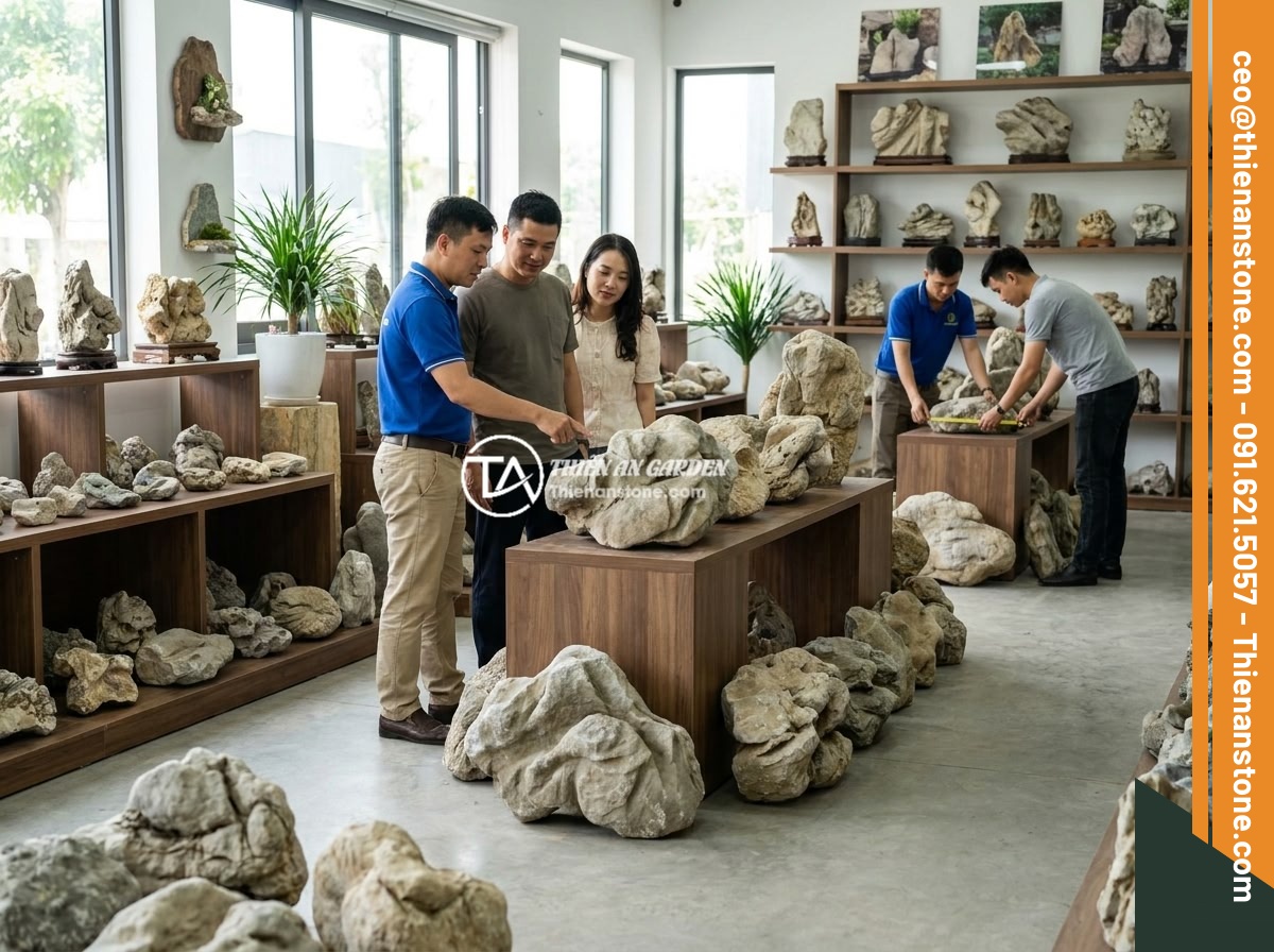 Hướng Dẫn Setup Hồ Thủy Sinh Đá Da Voi Phong Cách Iwagumi Cho Người Mới Bắt Đầu - Showroom display of Da Canh Thien An company featuring various elephant skin sto