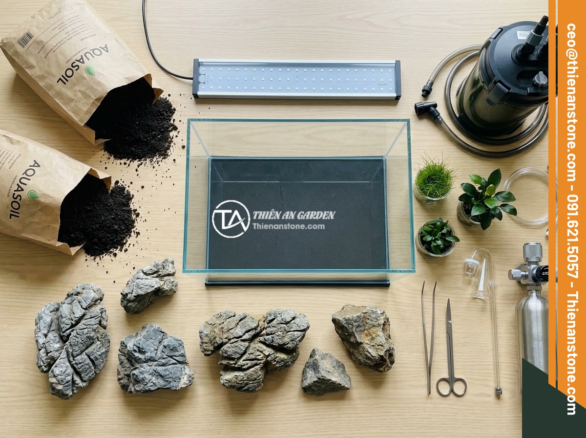 Hướng Dẫn Setup Hồ Thủy Sinh Đá Da Voi Phong Cách Iwagumi Cho Người Mới Bắt Đầu - Flat lay photography of all aquascaping tools and materials needed for Iwagumi s