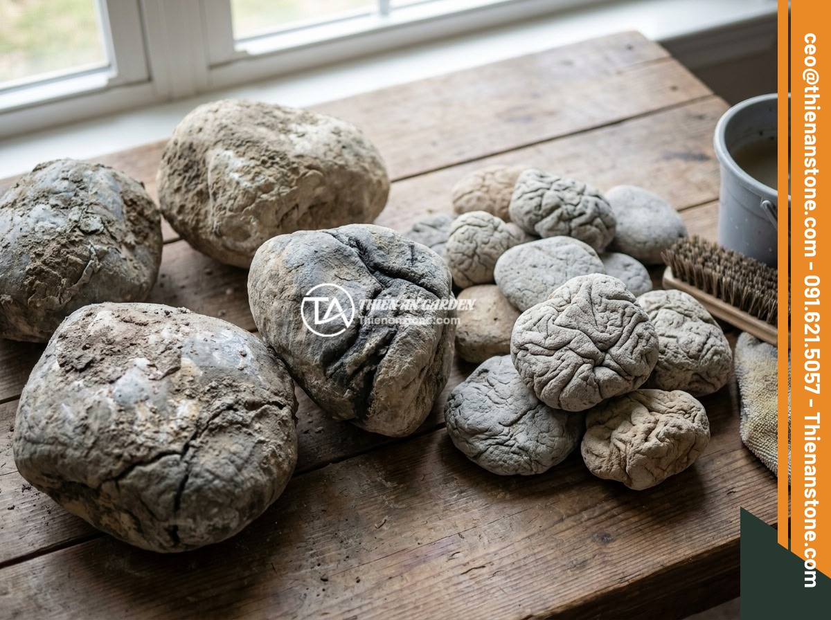 Hướng Dẫn Setup Hồ Thủy Sinh Đá Da Voi Phong Cách Iwagumi Cho Người Mới Bắt Đầu - Several elephant skin stones of different sizes arranged on a table after cleani