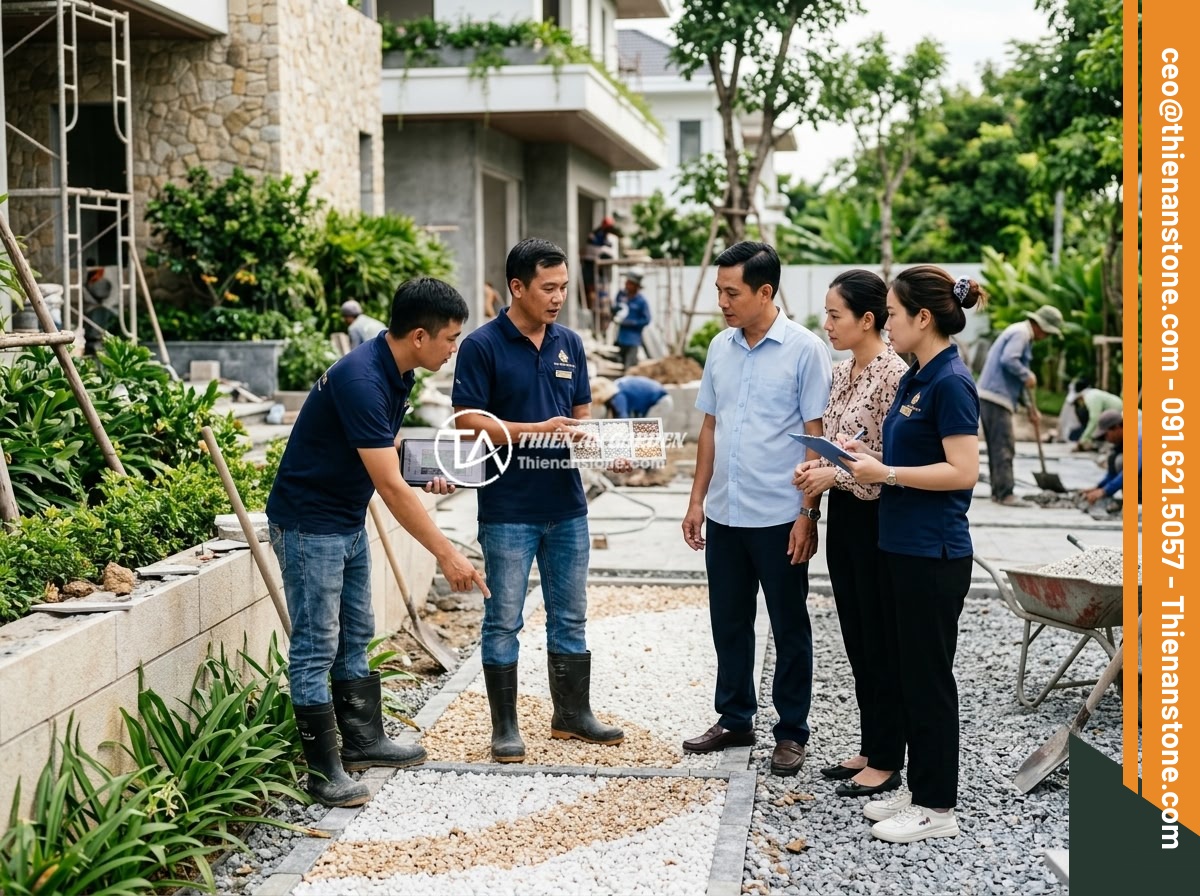 Hướng Dẫn Vệ Sinh Và Bảo Dưỡng Đá Thạch Anh Vụn Sau Khi Rải Nền Nhà - Hình 12 Hướng Dẫn Vệ Sinh Và Bảo Dưỡng Đá Thạch Anh Vụn Sau Khi Rải Nền Nhà - Professional team from Da Canh Thien An stone company consulting with homeowners