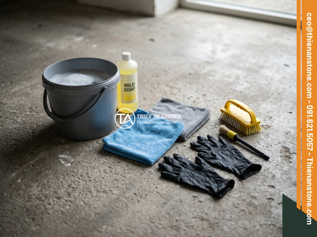 Hướng Dẫn Vệ Sinh Và Bảo Dưỡng Đá Thạch Anh Vụn Sau Khi Rải Nền Nhà - Hình 3 Hướng Dẫn Vệ Sinh Và Bảo Dưỡng Đá Thạch Anh Vụn Sau Khi Rải Nền Nhà - Cleaning tools and supplies laid out for quartz stone maintenance including brus