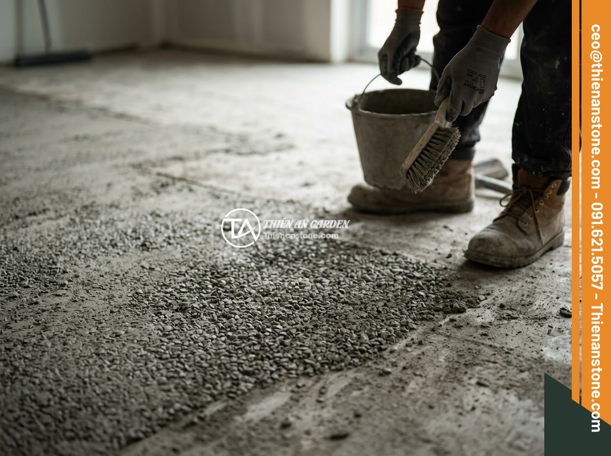 Hướng Dẫn Vệ Sinh Và Bảo Dưỡng Đá Thạch Anh Vụn Sau Khi Rải Nền Nhà - Hình 4 Hướng Dẫn Vệ Sinh Và Bảo Dưỡng Đá Thạch Anh Vụn Sau Khi Rải Nền Nhà - Step-by-step process of cleaning crushed quartz stones on a house floor, showing