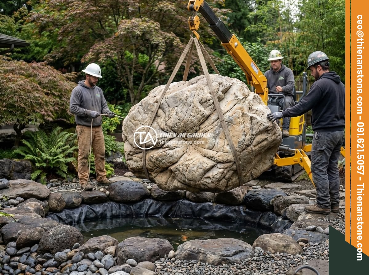 Kích Thước Đá Da Voi Nào Phù Hợp Cho Bể Thủy Sinh Mini, Bể Trung Bình Và Hồ Koi Lớn? - Hình 10 Kích Thước Đá Da Voi Nào Phù Hợp Cho Bể Thủy Sinh Mini, Bể Trung Bình Và Hồ Koi Lớn? - Workers carefully placing a large elephant skin stone into a koi pond using a sm