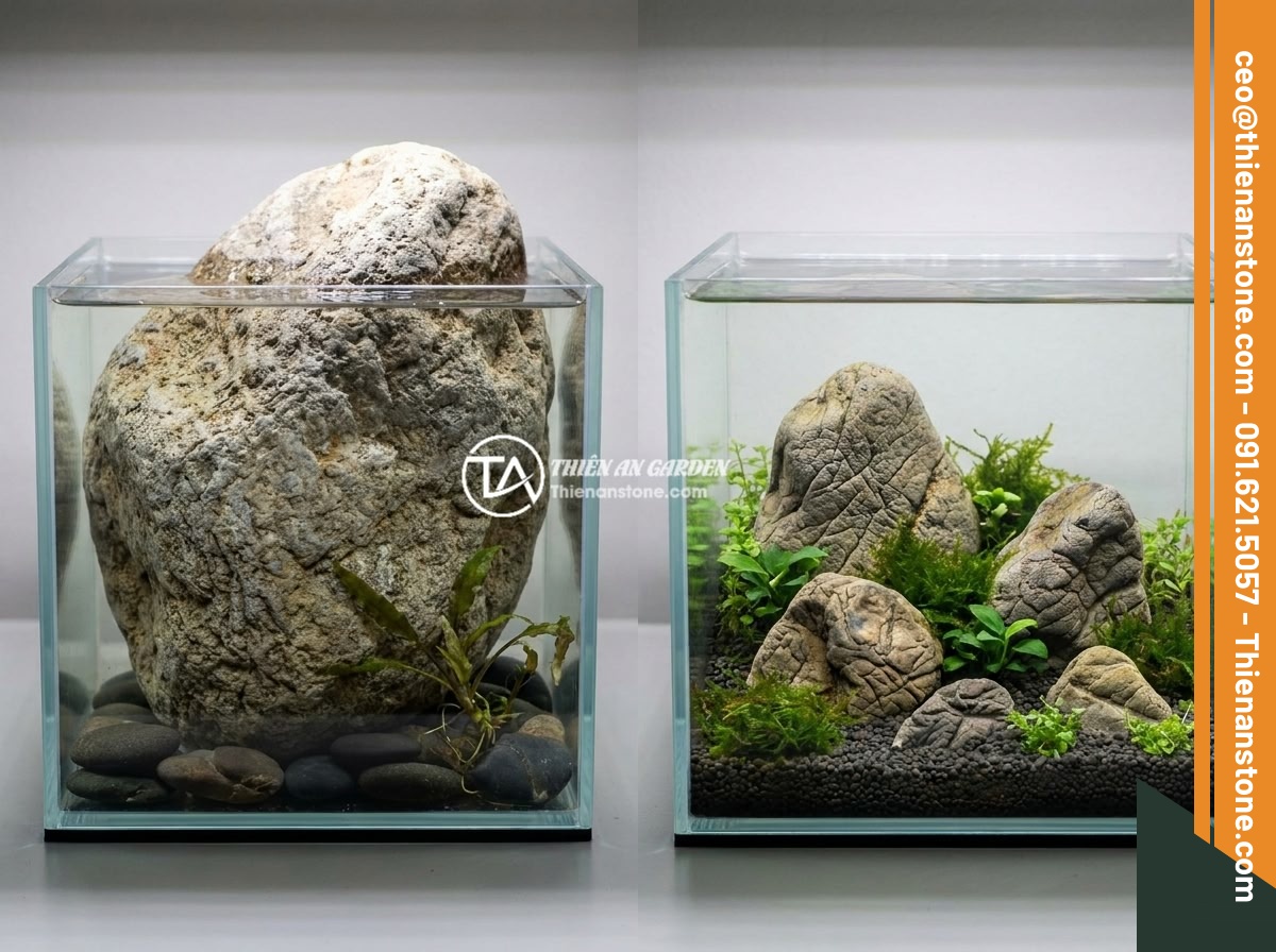 Kích Thước Đá Da Voi Nào Phù Hợp Cho Bể Thủy Sinh Mini, Bể Trung Bình Và Hồ Koi Lớn? - Hình 11 Kích Thước Đá Da Voi Nào Phù Hợp Cho Bể Thủy Sinh Mini, Bể Trung Bình Và Hồ Koi Lớn? - Common mistakes when choosing elephant skin stone size - a too-large stone cramm