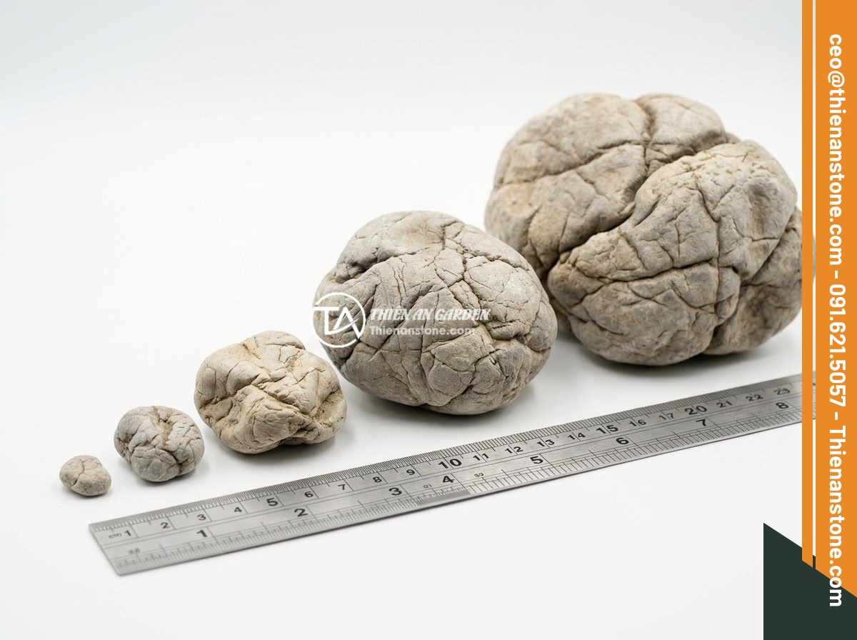 Kích Thước Đá Da Voi Nào Phù Hợp Cho Bể Thủy Sinh Mini, Bể Trung Bình Và Hồ Koi Lớn? - Hình 2 Kích Thước Đá Da Voi Nào Phù Hợp Cho Bể Thủy Sinh Mini, Bể Trung Bình Và Hồ Koi Lớn? - Different sizes of elephant skin stones arranged from smallest to largest on a w