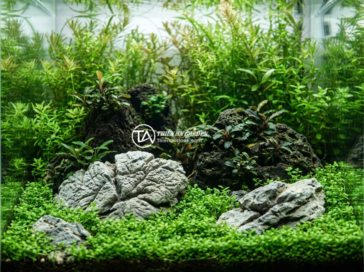Kinh Nghiệm Kết Hợp Đá Da Voi Với Lũa Gỗ, Cây Thủy Sinh Để Layout Thêm Phần Hoàn Hảo - Hình 5 Kinh Nghiệm Kết Hợp Đá Da Voi Với Lũa Gỗ, Cây Thủy Sinh Để Layout Thêm Phần Hoàn Hảo - Planted aquarium showing three layers of aquatic plants with foreground carpet p