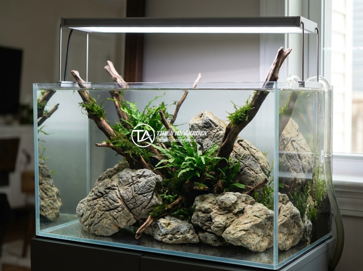 Kinh Nghiệm Kết Hợp Đá Da Voi Với Lũa Gỗ, Cây Thủy Sinh Để Layout Thêm Phần Hoàn Hảo - Hình 9 Kinh Nghiệm Kết Hợp Đá Da Voi Với Lũa Gỗ, Cây Thủy Sinh Để Layout Thêm Phần Hoàn Hảo - Well-maintained aquascape tank with elephant skin stones and driftwood showing h