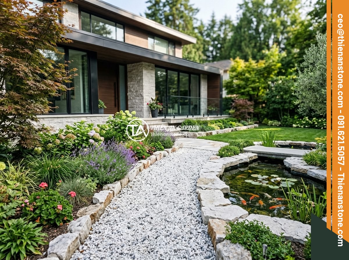 Kinh Nghiệm Thực Tế Sử Dụng Đá Thạch Anh Vụn Trong Xây Dựng Nhà Ở - A completed modern residential house with a beautiful garden featuring crushed q
