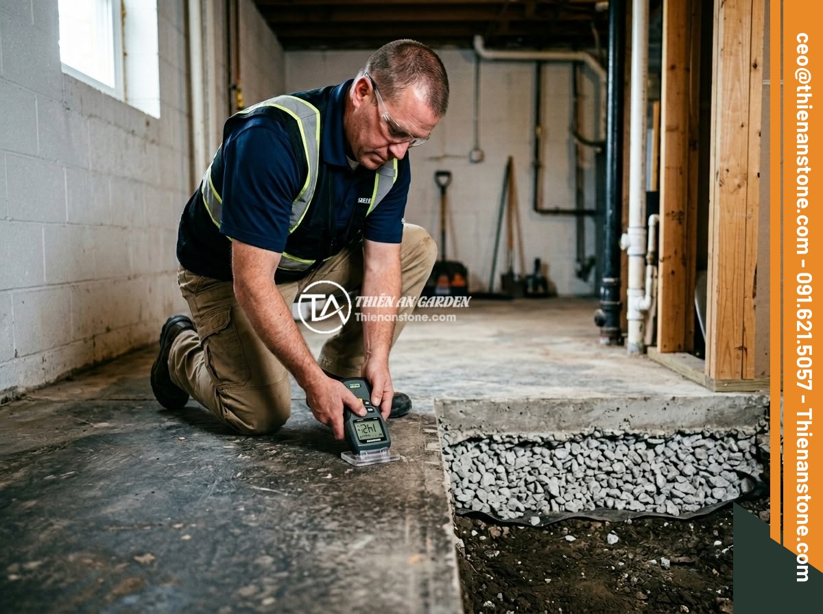 Kinh Nghiệm Thực Tế Sử Dụng Đá Thạch Anh Vụn Trong Xây Dựng Nhà Ở - A professional inspector checking the foundation condition of a residential hous