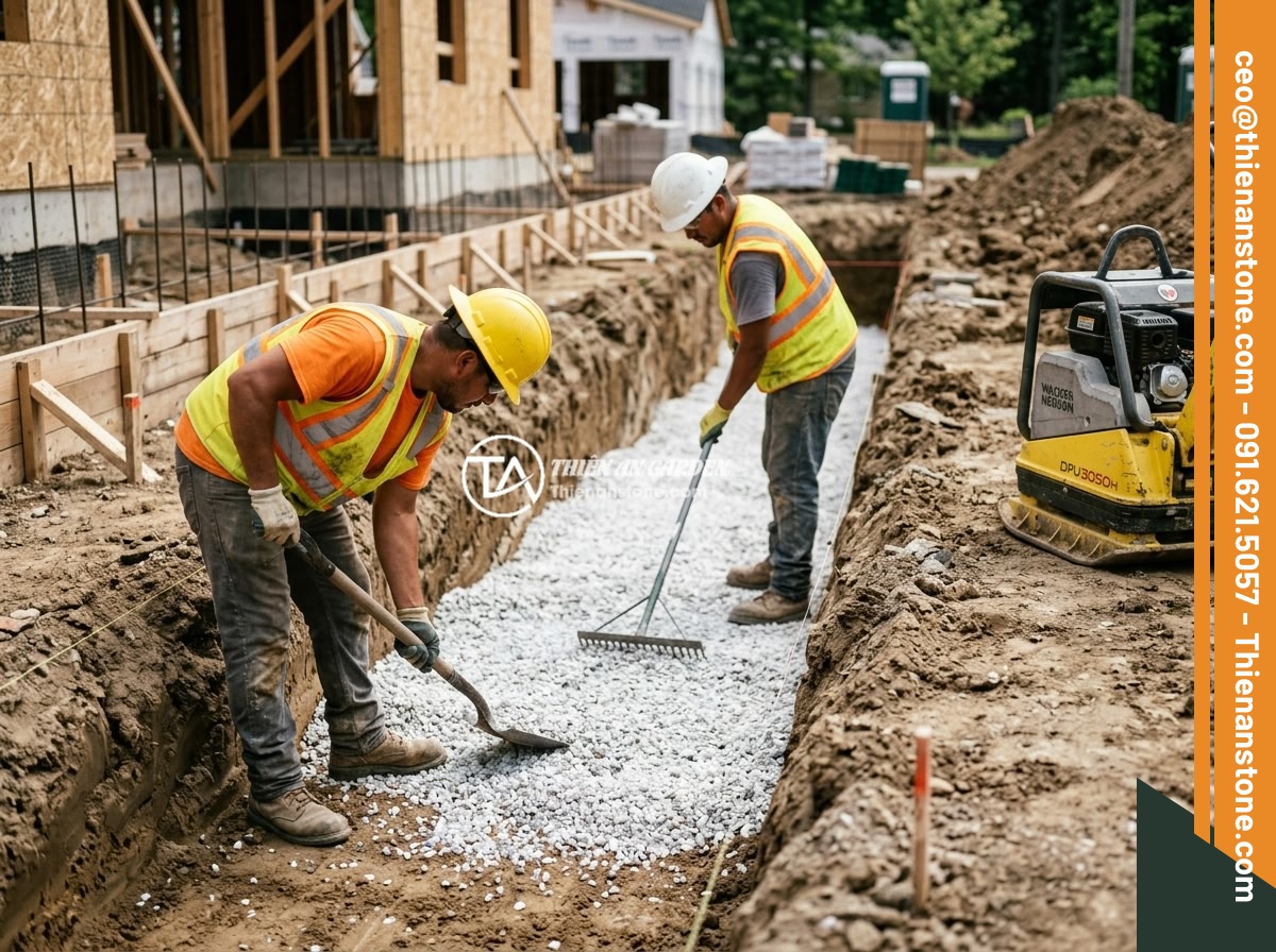 Kinh Nghiệm Thực Tế Sử Dụng Đá Thạch Anh Vụn Trong Xây Dựng Nhà Ở - Construction workers carefully spreading layers of crushed quartz stone into the