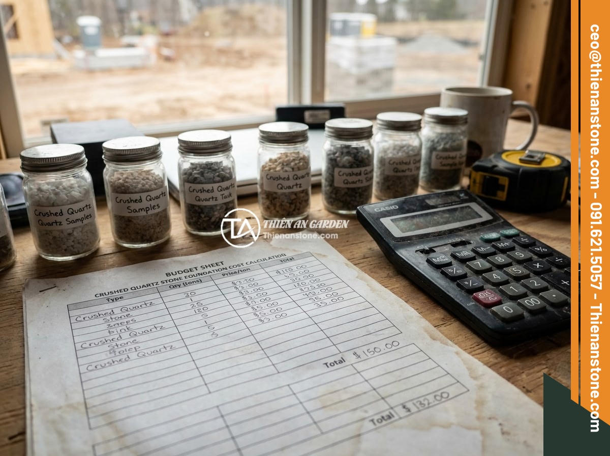 Kinh Nghiệm Thực Tế Sử Dụng Đá Thạch Anh Vụn Trong Xây Dựng Nhà Ở - A budget planning sheet on a construction desk showing cost calculation for crus