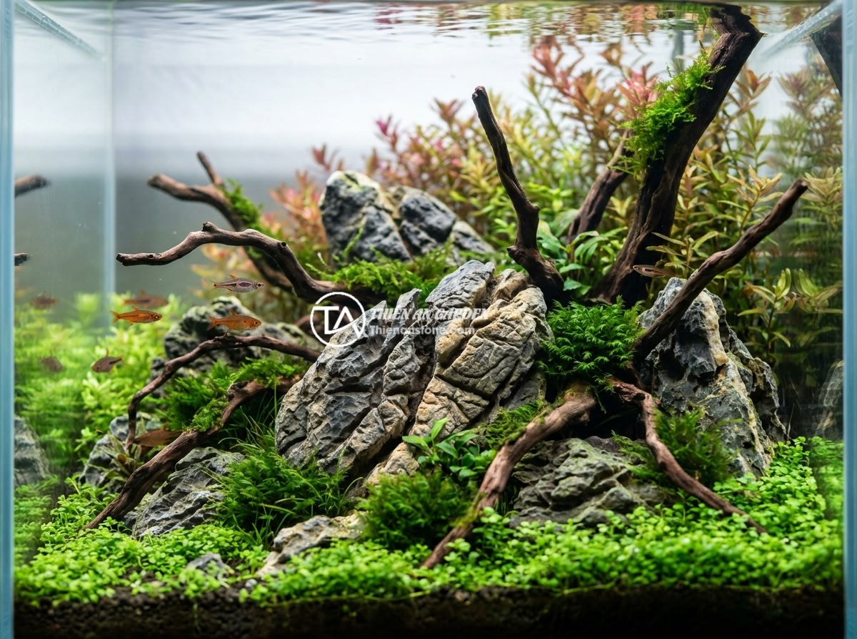 Lỗi Bố Trí Đá Da Voi Không Cân Đối Gây Mất Thẩm Mỹ: Cách Sửa Và Tạo Cân Bằng Cho Layout - Hình 10 Lỗi Bố Trí Đá Da Voi Không Cân Đối Gây Mất Thẩm Mỹ: Cách Sửa Và Tạo Cân Bằng Cho Layout - Lush aquascape combining elephant skin stones with driftwood and various aquatic