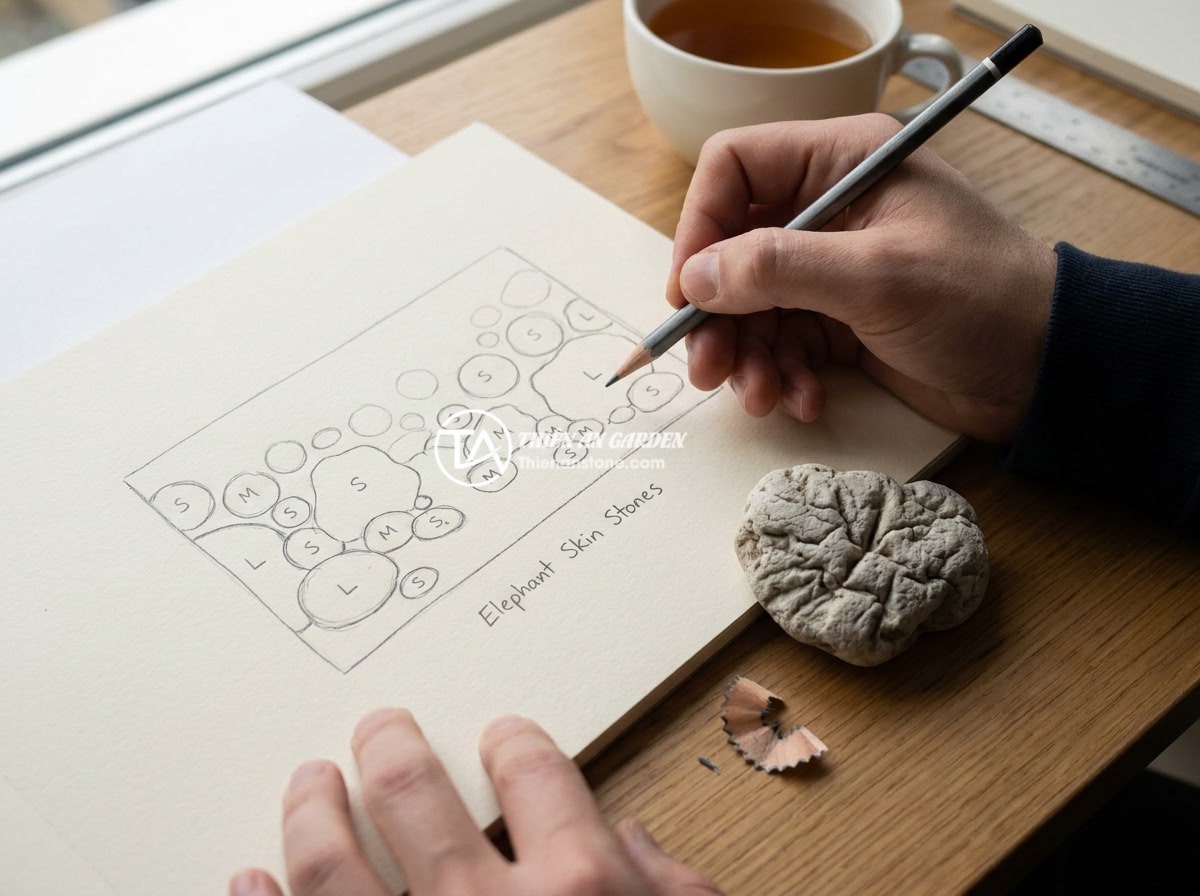 Lỗi Bố Trí Đá Da Voi Không Cân Đối Gây Mất Thẩm Mỹ: Cách Sửa Và Tạo Cân Bằng Cho Layout - Hình 3 Lỗi Bố Trí Đá Da Voi Không Cân Đối Gây Mất Thẩm Mỹ: Cách Sửa Và Tạo Cân Bằng Cho Layout - Designer sketching aquascape layout plan on paper with pencil, showing positions