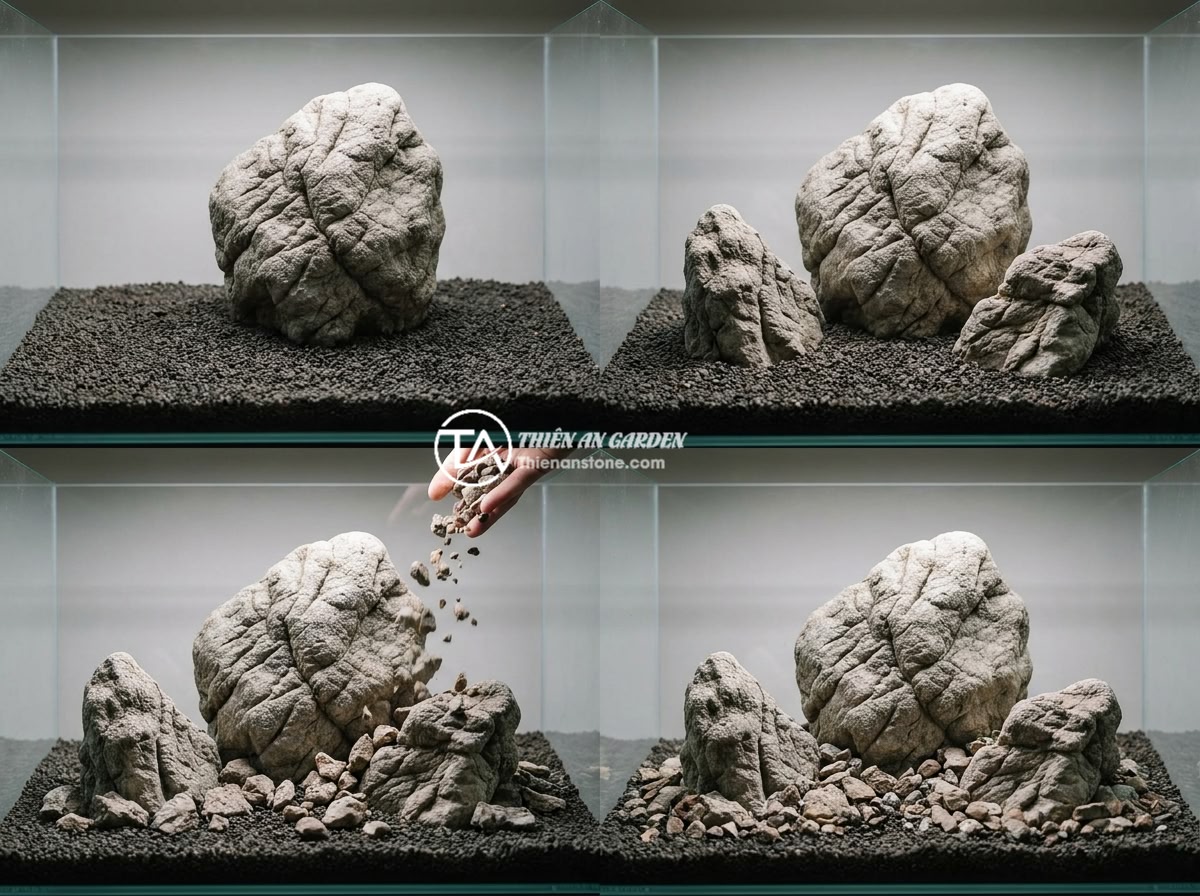 Lỗi Bố Trí Đá Da Voi Không Cân Đối Gây Mất Thẩm Mỹ: Cách Sửa Và Tạo Cân Bằng Cho Layout - Hình 5 Lỗi Bố Trí Đá Da Voi Không Cân Đối Gây Mất Thẩm Mỹ: Cách Sửa Và Tạo Cân Bằng Cho Layout - Step-by-step process of arranging elephant skin stones in an aquarium, showing t
