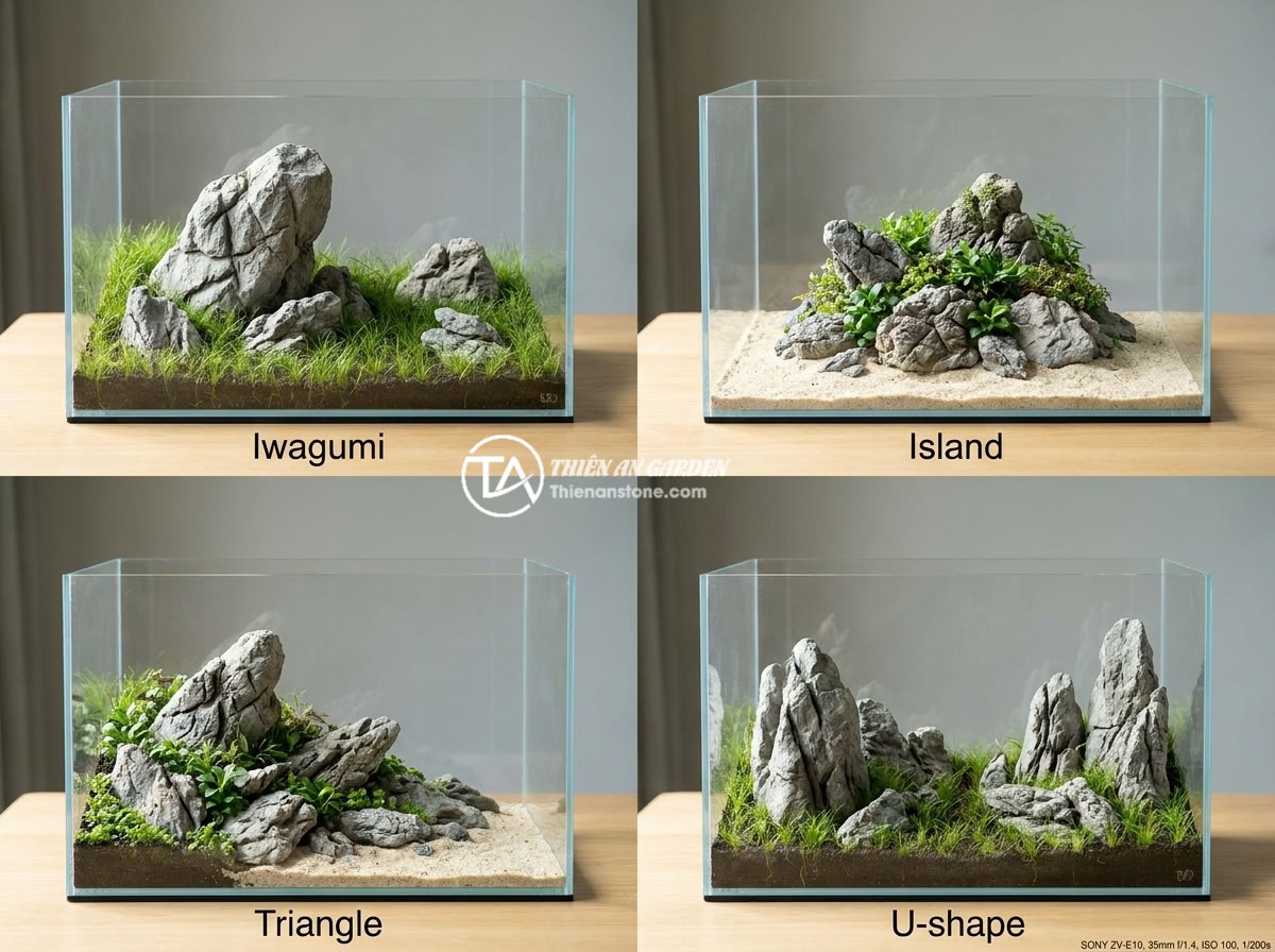 Lỗi Bố Trí Đá Da Voi Không Cân Đối Gây Mất Thẩm Mỹ: Cách Sửa Và Tạo Cân Bằng Cho Layout - Hình 8 Lỗi Bố Trí Đá Da Voi Không Cân Đối Gây Mất Thẩm Mỹ: Cách Sửa Và Tạo Cân Bằng Cho Layout - Comparison collage of four different aquascape layout styles using elephant skin