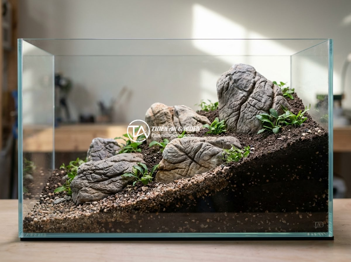 Lỗi Bố Trí Đá Da Voi Không Cân Đối Gây Mất Thẩm Mỹ: Cách Sửa Và Tạo Cân Bằng Cho Layout - Hình 9 Lỗi Bố Trí Đá Da Voi Không Cân Đối Gây Mất Thẩm Mỹ: Cách Sửa Và Tạo Cân Bằng Cho Layout - Cross-section diagram showing substrate elevation design in an aquascape with el