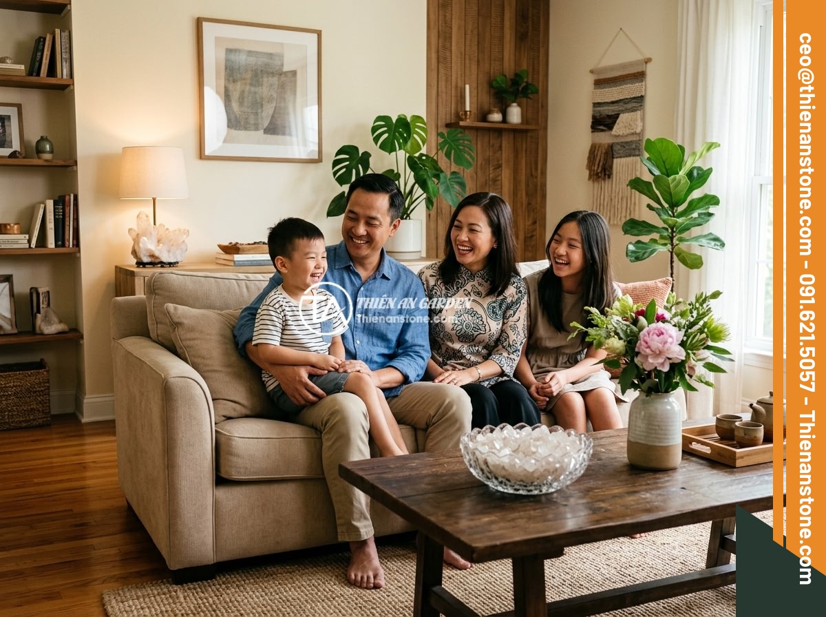 Lợi Ích Phong Thủy Khi Rải Đá Thạch Anh Vụn Rải Nền Nhà - Happy Vietnamese family sitting in their beautifully decorated living room with 
