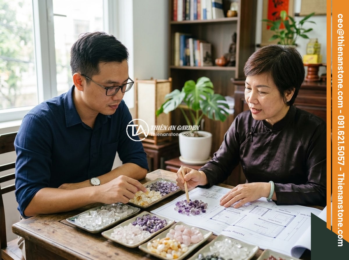 Lợi Ích Phong Thủy Khi Rải Đá Thạch Anh Vụn Rải Nền Nhà - Vietnamese homeowner consulting with a feng shui expert while examining differen