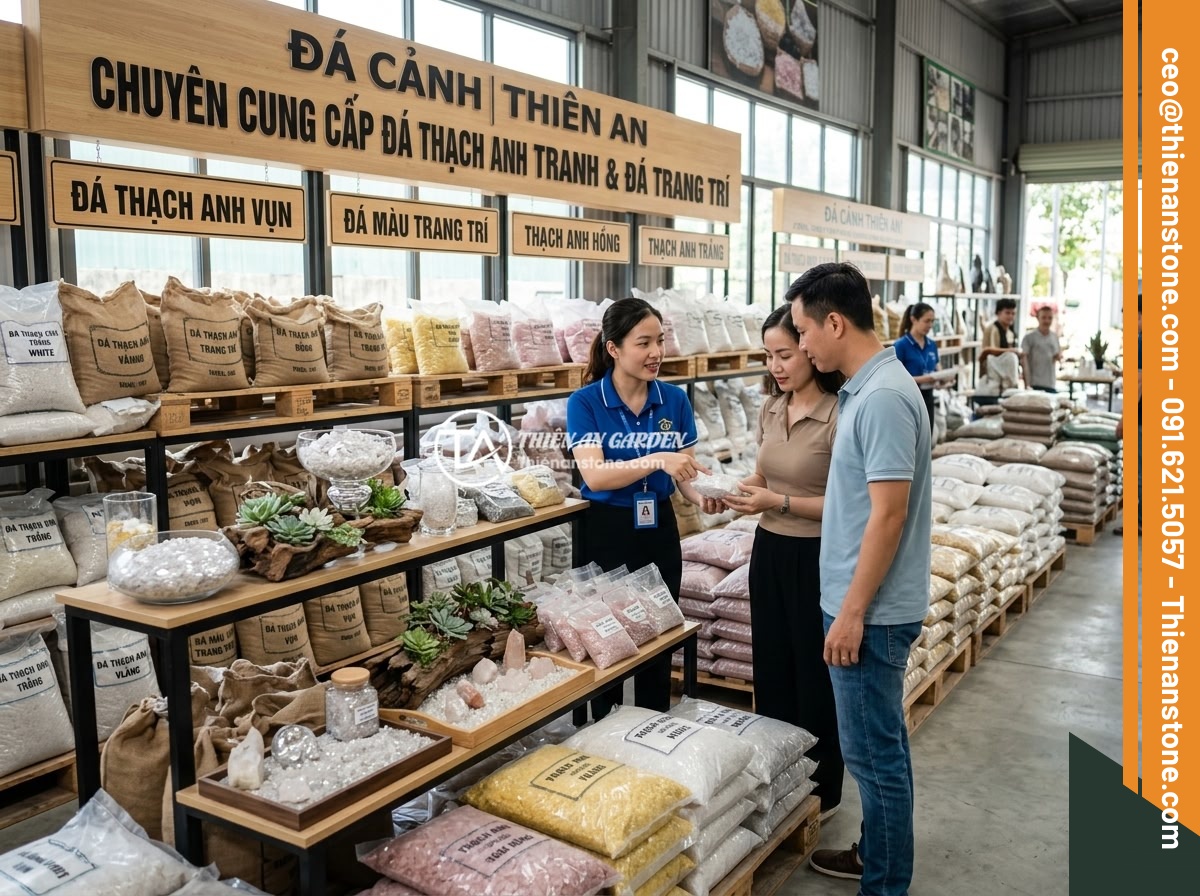 Lợi Ích Phong Thủy Khi Rải Đá Thạch Anh Vụn Rải Nền Nhà - Professional showroom of Da Canh Thien An stone company displaying various types
