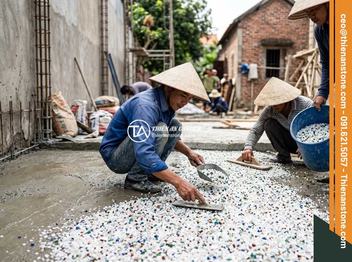 Lợi Ích Phong Thủy Khi Rải Đá Thạch Anh Vụn Rải Nền Nhà - Step-by-step process of spreading crushed quartz stones on house foundation, sho