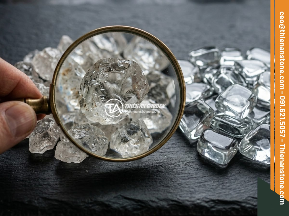 Lợi Ích Phong Thủy Khi Rải Đá Thạch Anh Vụn Rải Nền Nhà - Close-up comparison of genuine crushed quartz crystals versus fake glass imitati