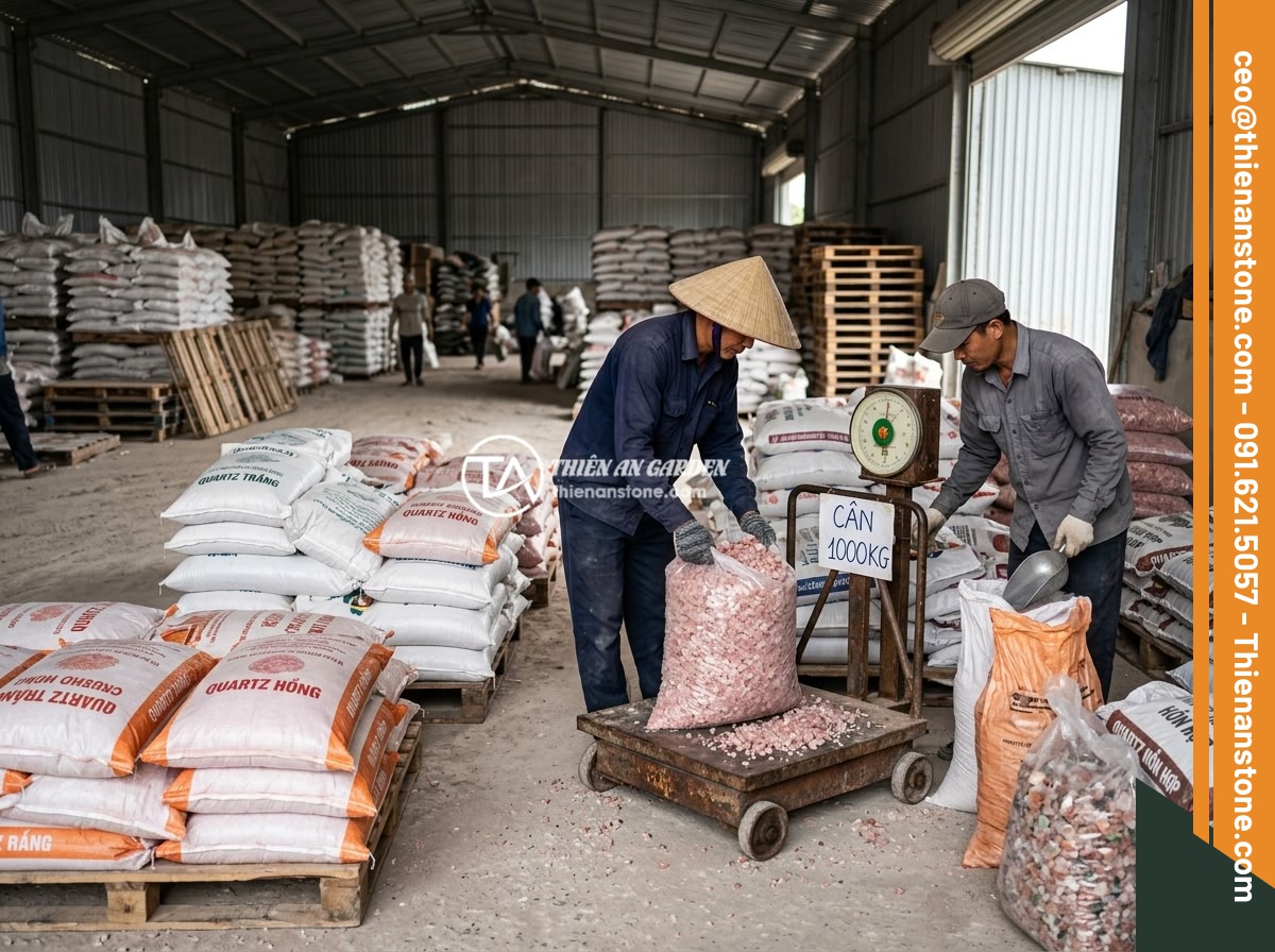 Lợi Ích Phong Thủy Khi Rải Đá Thạch Anh Vụn Rải Nền Nhà - Large bags of crushed quartz crystals in a Vietnamese stone supplier warehouse, 