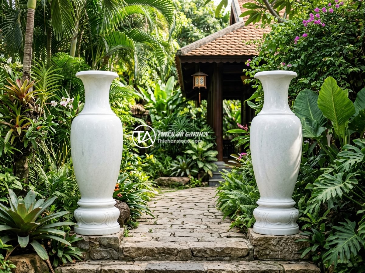 Lục bình đá cẩm thạch trắng - A pair of large white marble vases (luc binh) standing symmetrically at the entr