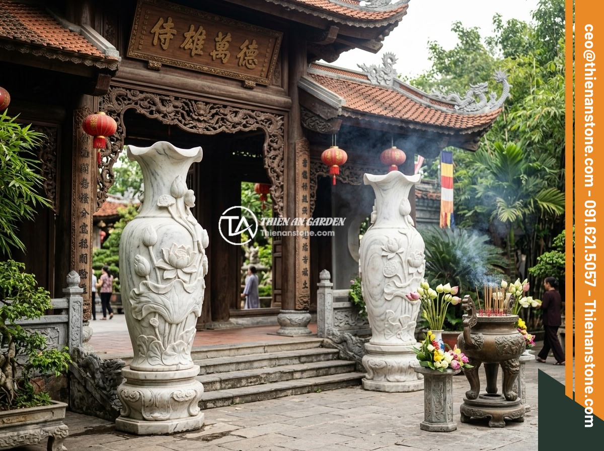Lục bình đá cẩm thạch trắng - Hình 10 Lục bình đá cẩm thạch trắng - Pair of large white marble vases with lotus flower carvings placed at the entran