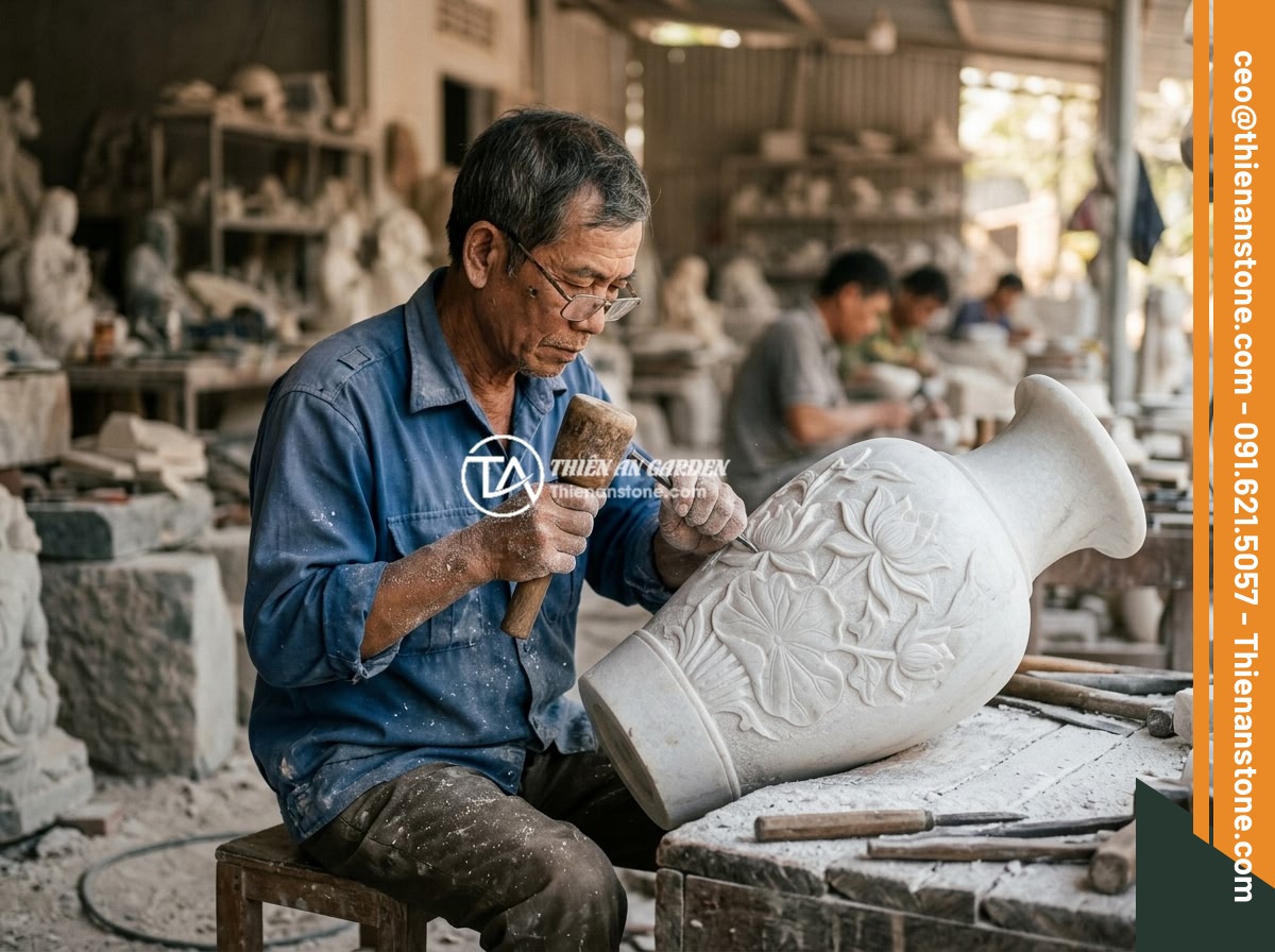 Lục bình đá cẩm thạch trắng - Hình 3 Lục bình đá cẩm thạch trắng - Vietnamese stone craftsman carefully hand-carving intricate floral patterns on a