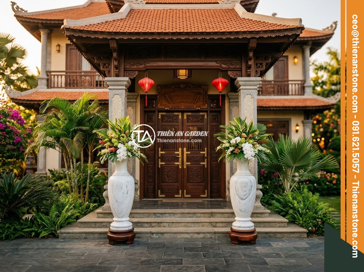 Lục bình đá cẩm thạch trắng - Hình 4 Lục bình đá cẩm thạch trắng - A pair of elegant white marble vases placed symmetrically on both sides of the m