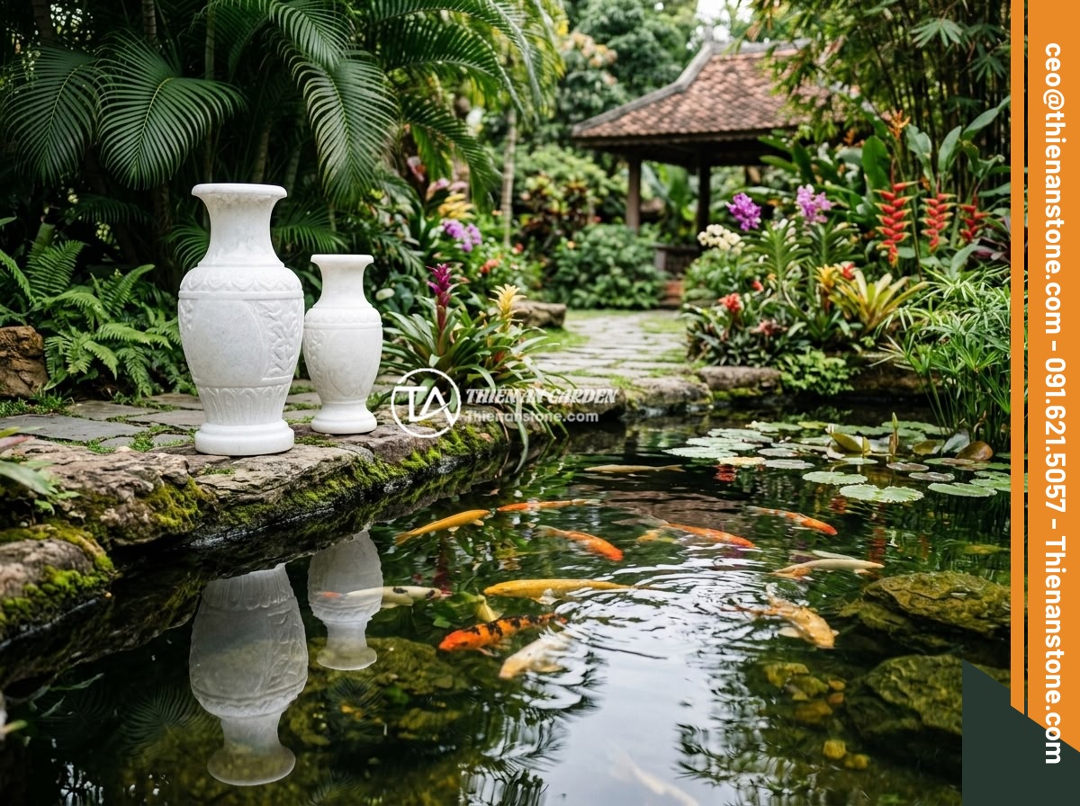 Lục bình đá cẩm thạch trắng - Hình 5 Lục bình đá cẩm thạch trắng - White marble decorative vases placed beside a beautiful Koi fish pond in a Vietn