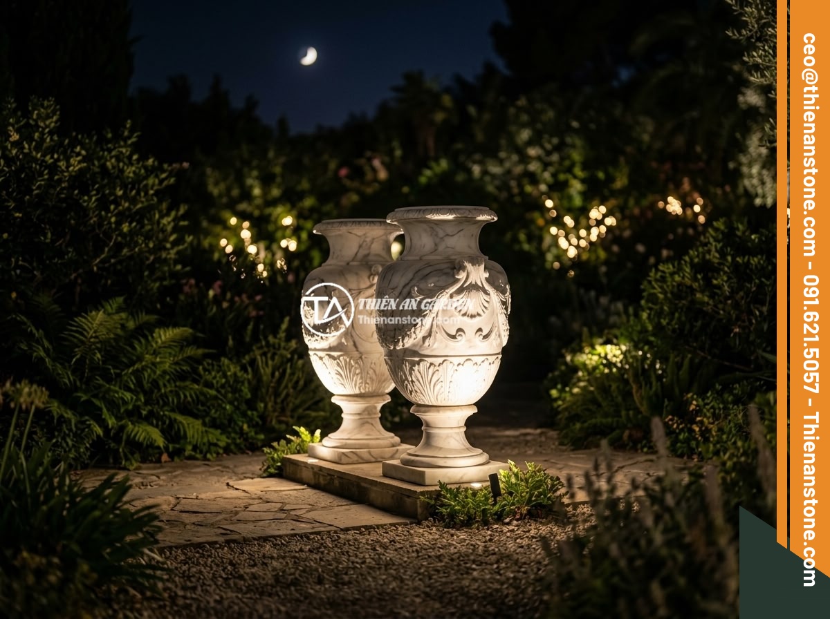 Lục bình đá cẩm thạch trắng - Hình 6 Lục bình đá cẩm thạch trắng - White marble vases illuminated by warm LED garden lights at night, dramatic upli