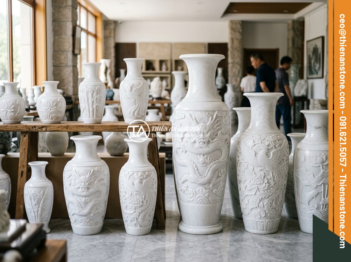 Lục bình đá cẩm thạch trắng - Hình 7 Lục bình đá cẩm thạch trắng - Display collection of various sizes of white marble vases arranged in a showroom
