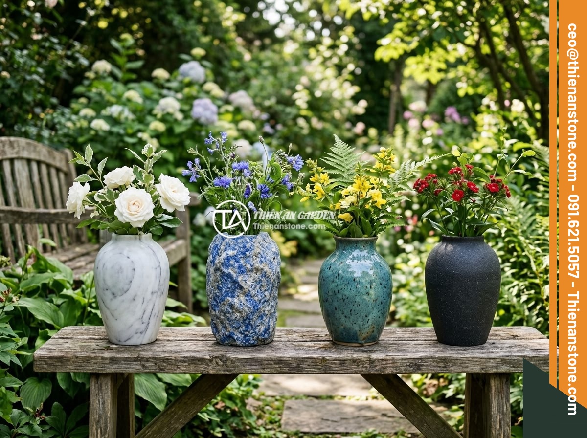 Lục bình đá cẩm thạch trắng - Hình 8 Lục bình đá cẩm thạch trắng - Side-by-side comparison of white marble vase, blue stone vase, ceramic vase and