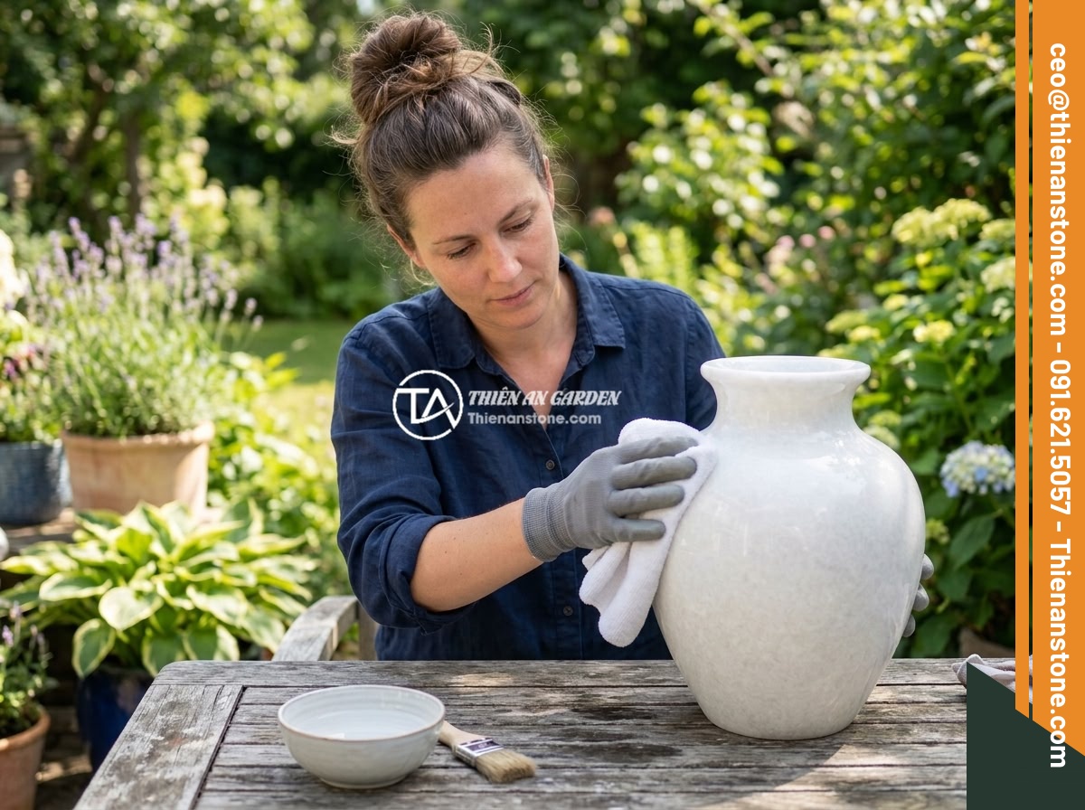 Lục bình đá cẩm thạch trắng - Hình 9 Lục bình đá cẩm thạch trắng - Person carefully cleaning and maintaining a white marble vase with soft cloth, s