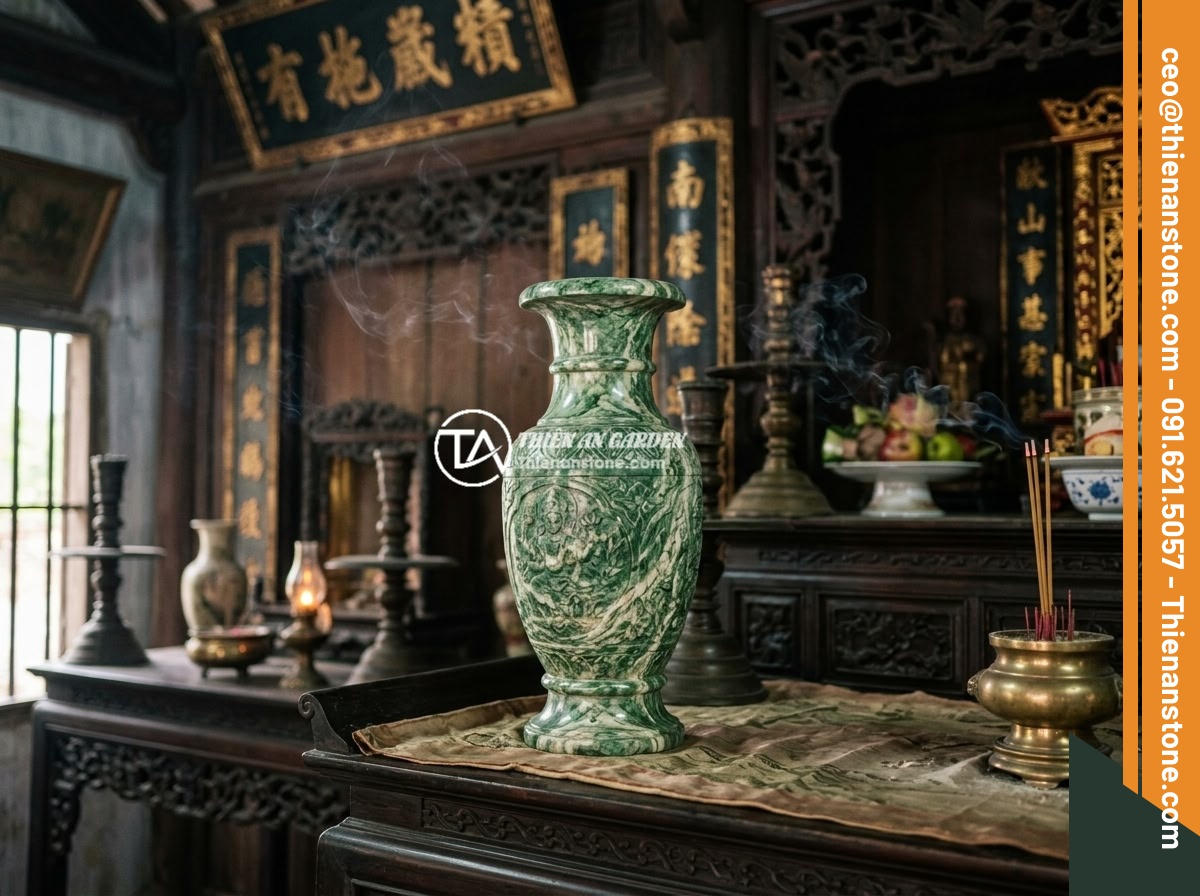 Lục bình đá xanh Ấn Độ - Hình 11 Lục bình đá xanh Ấn Độ - An heirloom Indian green stone vase displayed in a traditional Vietnamese ancest