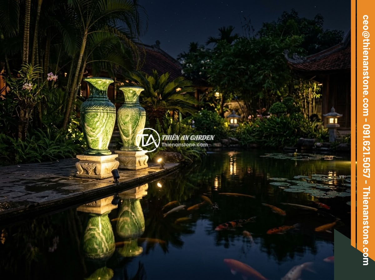 Lục bình đá xanh Ấn Độ - Hình 4 Lục bình đá xanh Ấn Độ - Twin Indian green stone vases illuminated by warm LED garden spotlights at night