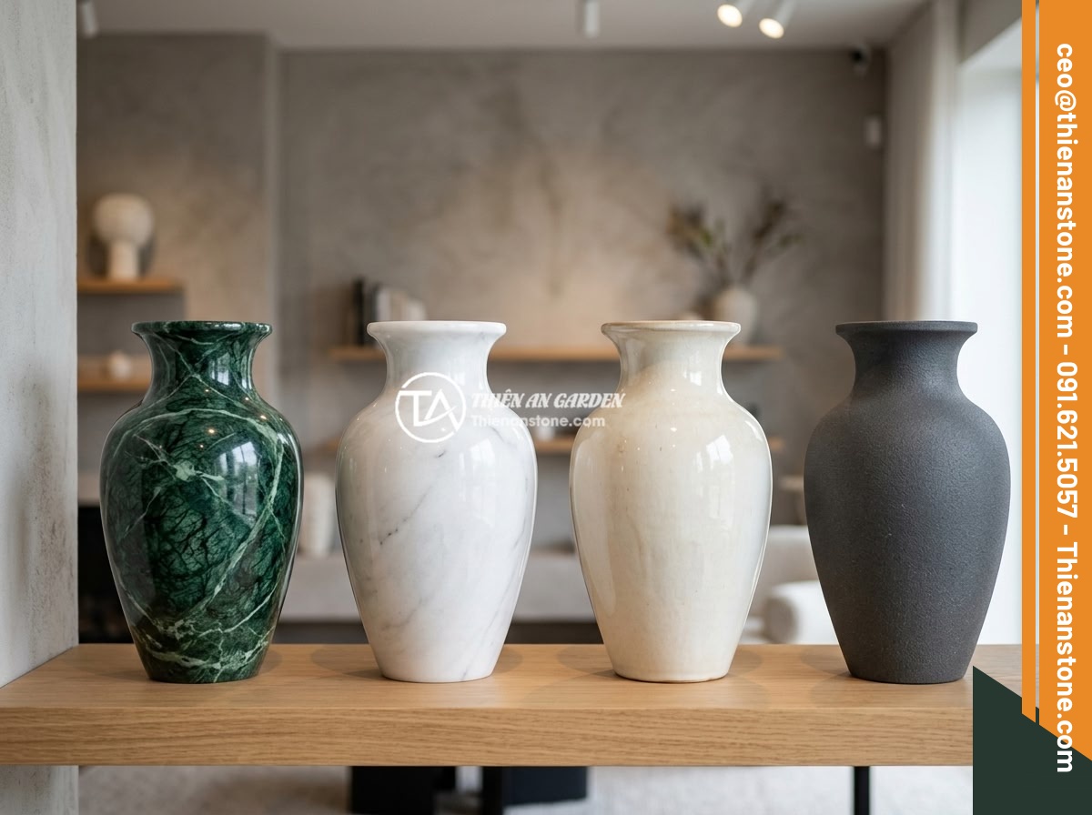 Lục bình đá xanh Ấn Độ - Hình 7 Lục bình đá xanh Ấn Độ - Side-by-side comparison display of different vase materials including Indian gre