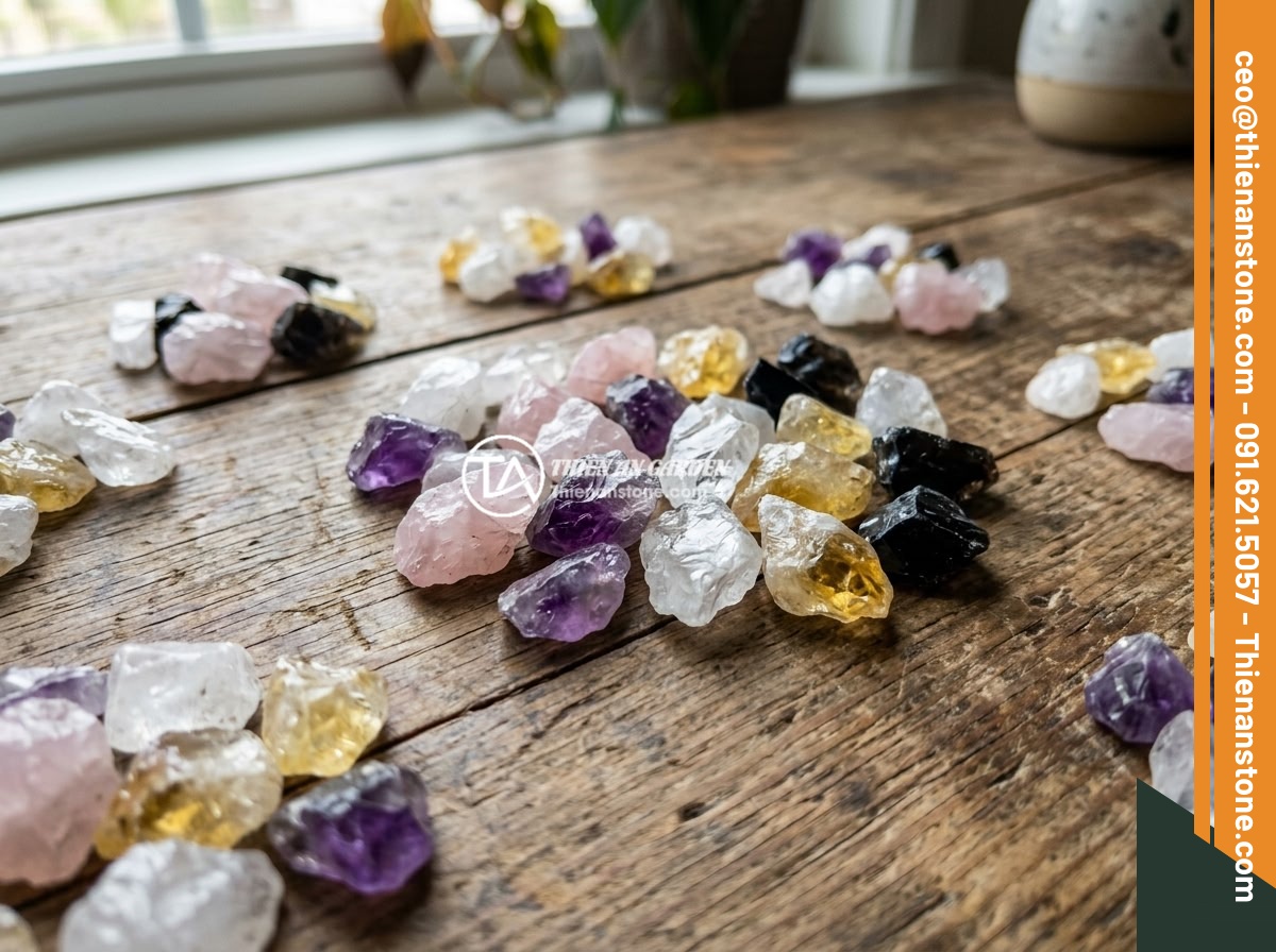 Mua Đá Thạch Anh Vụn Giá Rẻ Chất Lượng - Top Địa Chỉ Uy Tín Toàn Quốc - A variety of crushed quartz stones in different colors including white, pink, pu