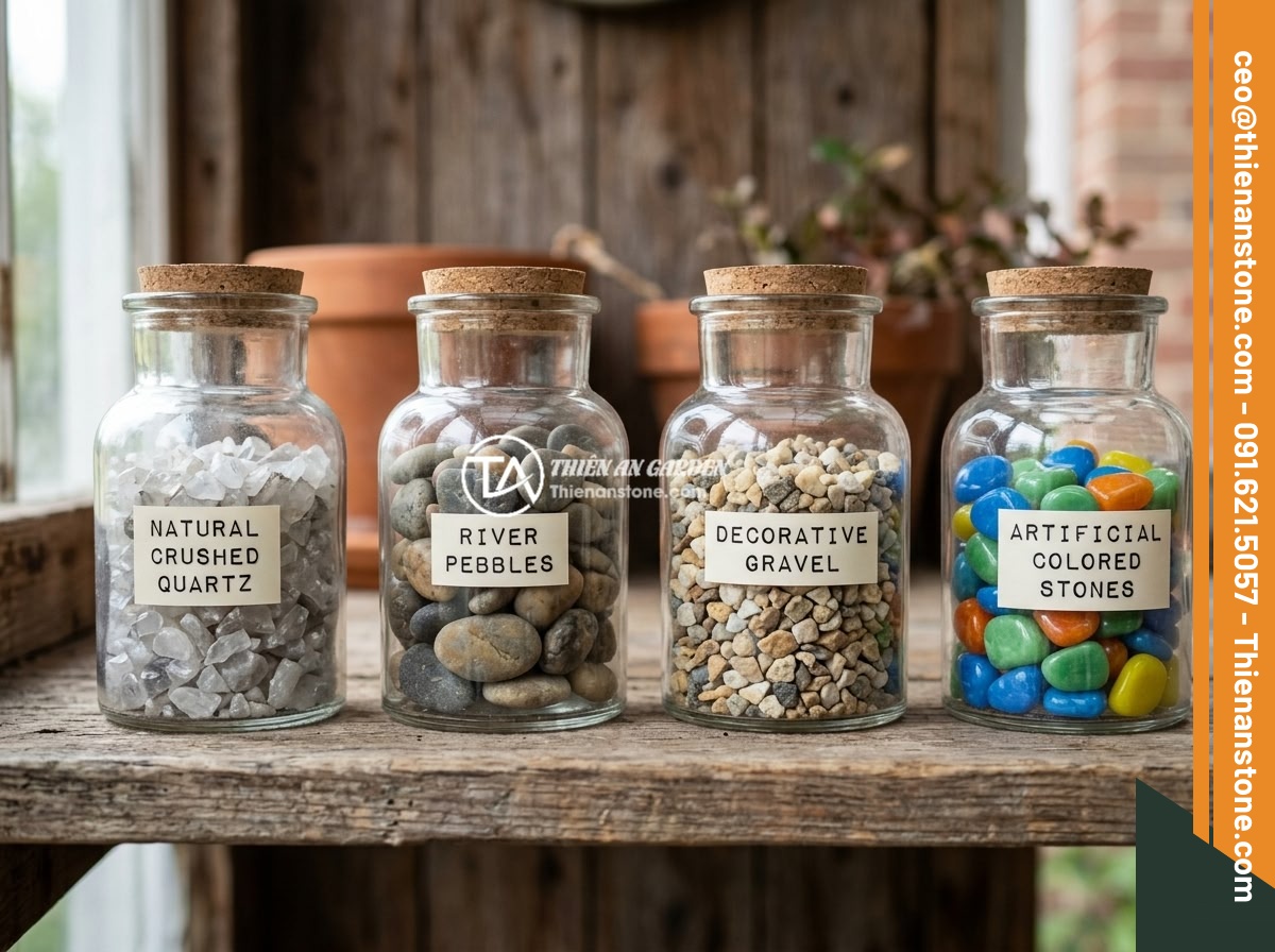 Mua Đá Thạch Anh Vụn Giá Rẻ Chất Lượng - Top Địa Chỉ Uy Tín Toàn Quốc - Side by side comparison photo of four types of decorative stones - natural crush