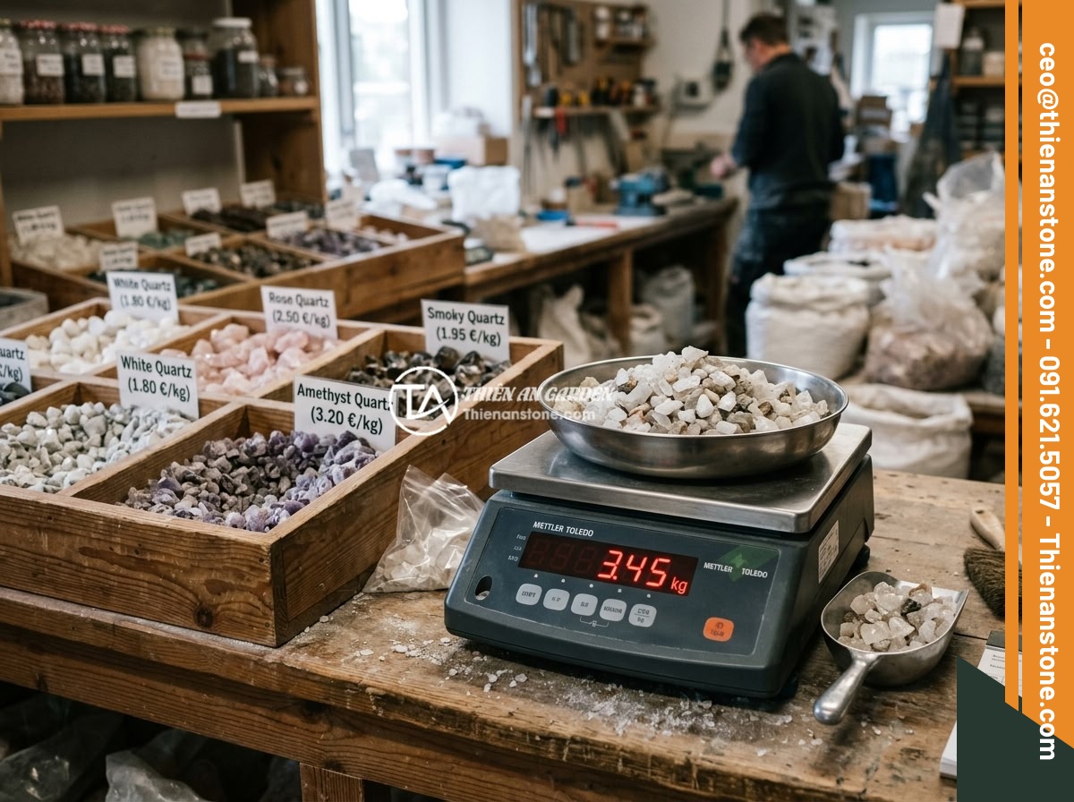 Mua Đá Thạch Anh Vụn Giá Rẻ Chất Lượng - Top Địa Chỉ Uy Tín Toàn Quốc - A weighing scale with crushed quartz stones being measured in kilograms at a sto