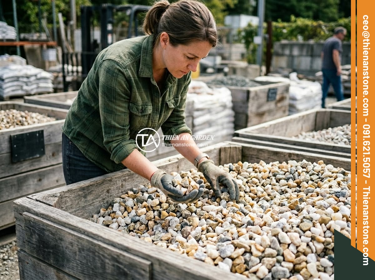 Mua Đá Thạch Anh Vụn Giá Rẻ Chất Lượng - Top Địa Chỉ Uy Tín Toàn Quốc - A customer carefully examining and selecting high quality crushed quartz stones 