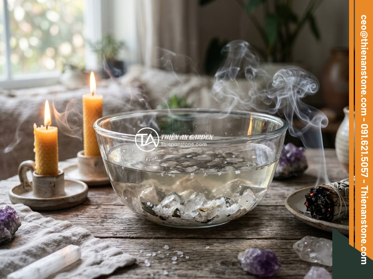 Mua Đá Thạch Anh Vụn Giá Rẻ Chất Lượng - Top Địa Chỉ Uy Tín Toàn Quốc - Crushed quartz stones being cleansed in a clear glass bowl filled with natural s