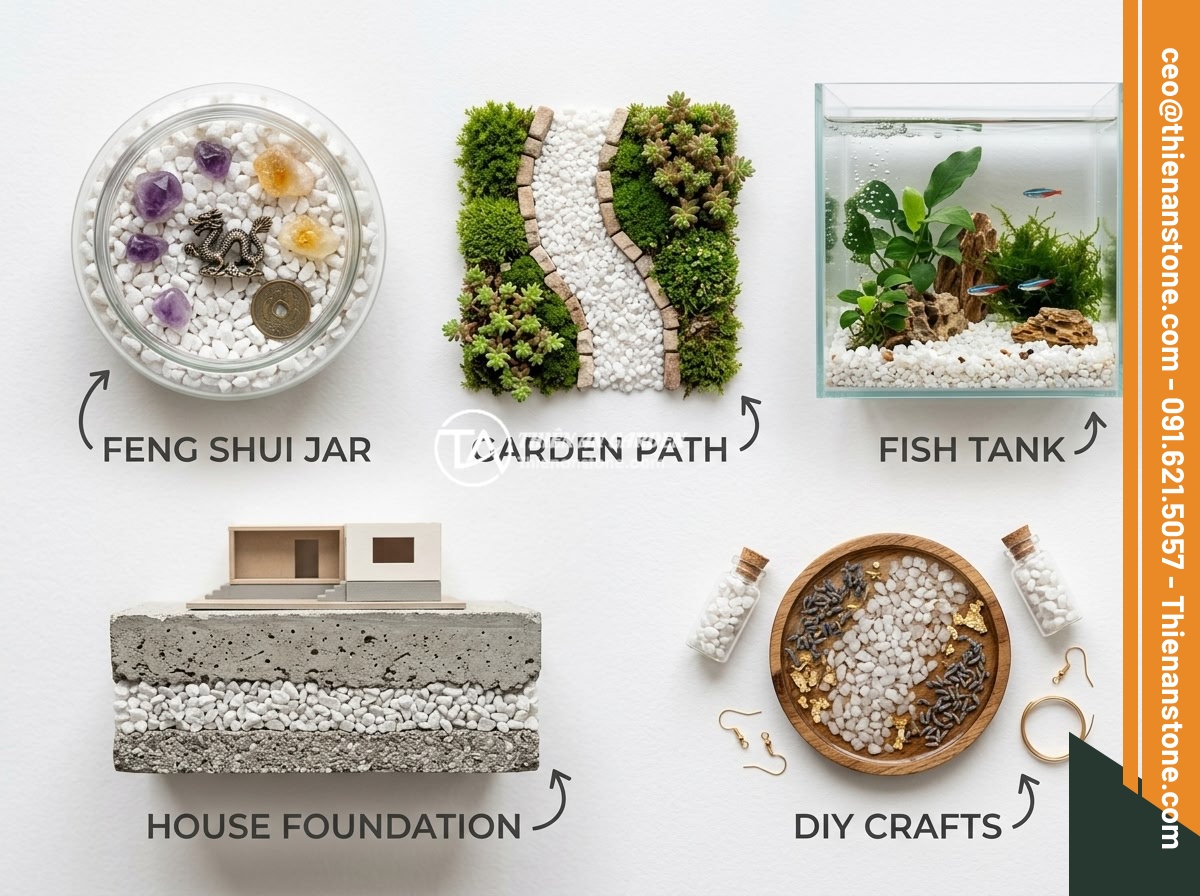 Mua Đá Thạch Anh Vụn Giá Rẻ Chất Lượng - Top Địa Chỉ Uy Tín Toàn Quốc - An infographic-style flat lay photo showing five different uses of crushed quart