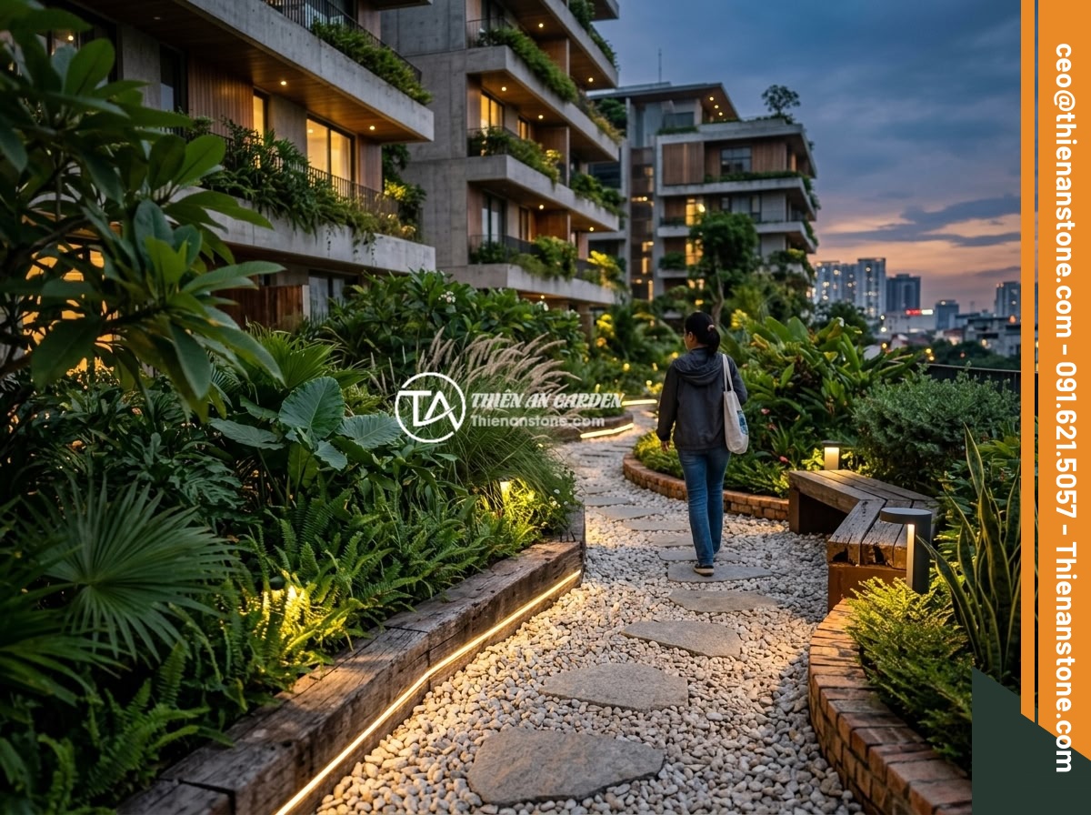 Mua Đá Thạch Anh Vụn Ở Hà Nội Uy Tín - Địa Chỉ Và Giá Tốt Nhất 2026 - Modern sustainable garden design in a Hanoi eco-residential complex using crushe